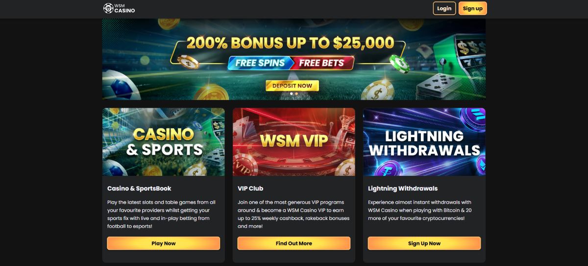 Instant Casino interface showcasing game selection and login panel